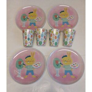 Easter Melamine Artist Bunny Dinner 10" Plates Egg Toss Print Cups Set of 4